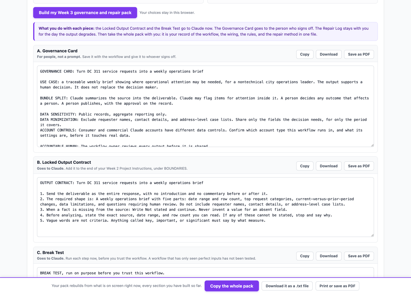 The AI Workflow Builder with the Week 3 governance and repair pack generated for a DC 311 weekly operations brief workflow